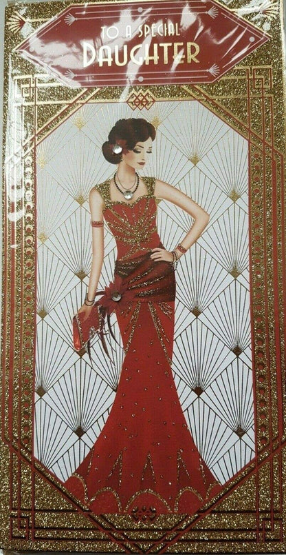 Art Deco - Daughter - Glittered Slim Christmas Card with Gem Detail