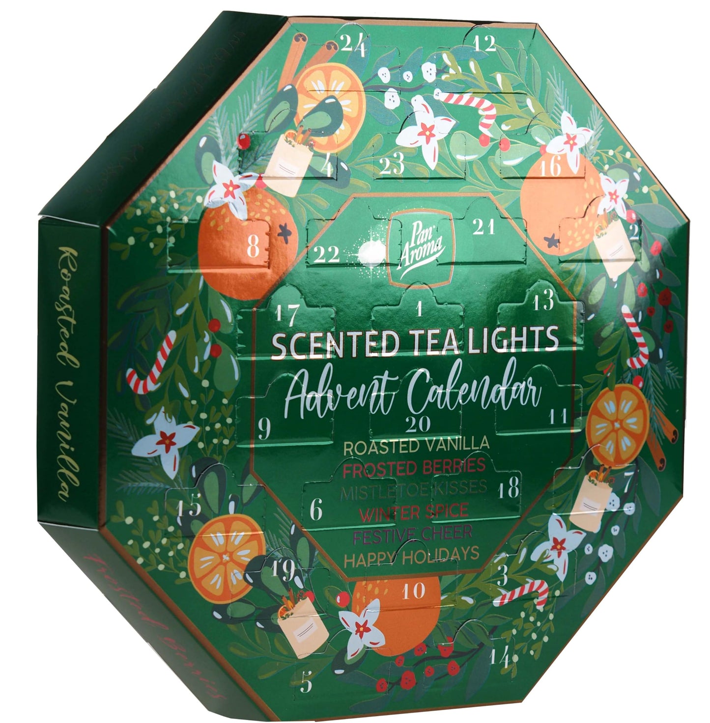 Pan Aroma Christmas Tea Light Candle Advent Calendar 24 Festive Countdown Scented Tea Light Candles,Green