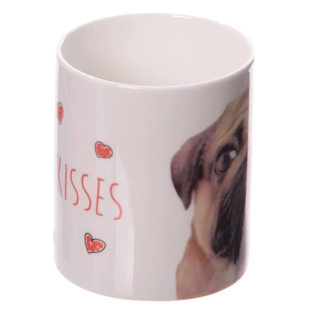 Puckator MUG184 Mug with Pug and Kisses Design - Fine Porcelain - White/Beige/Black