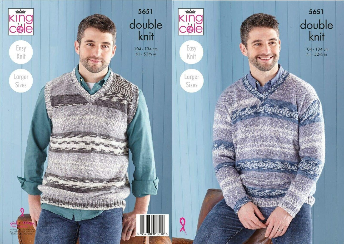 Knitting Pattern Mens V-Neck Jumper and Slipover in Fjord DK 5651 King Cole