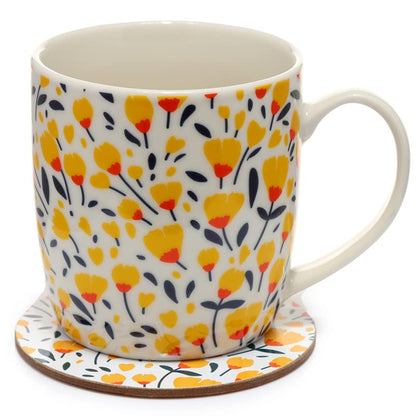Puckator Buttercup Pick of the Bunch Porcelain Mug & Cork Coaster Set, Food Dishwasher & Microwave Safe, Home Office Work, Height 9cm Width 12cm Depth 8.5cm Coaster Diameter 10cm