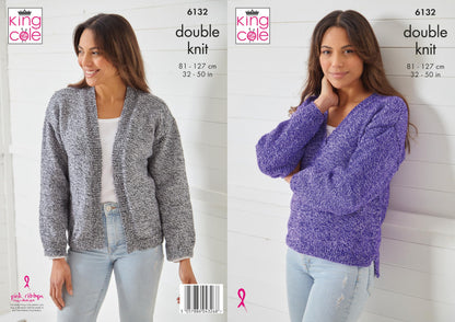King Cole DK Knitting Pattern Pamphlet - 6132 Ladies Sweater & Cardigan (32"-50")