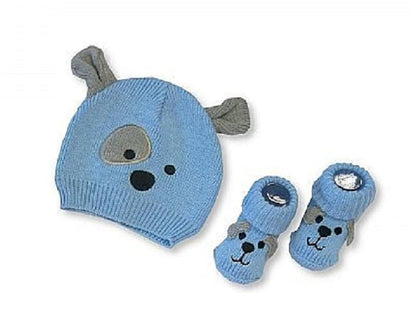 Nursery Time Baby, Boys, Girls, Knitted Hat and Booties Set Pink Cat Sky Blue Dog 100% Cotton (Embroidered) (Sky Blue Dog)