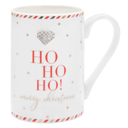 Mad Dots Gift Boxed Christmas Mug Cup with Diamante Heart - Ho Ho Ho