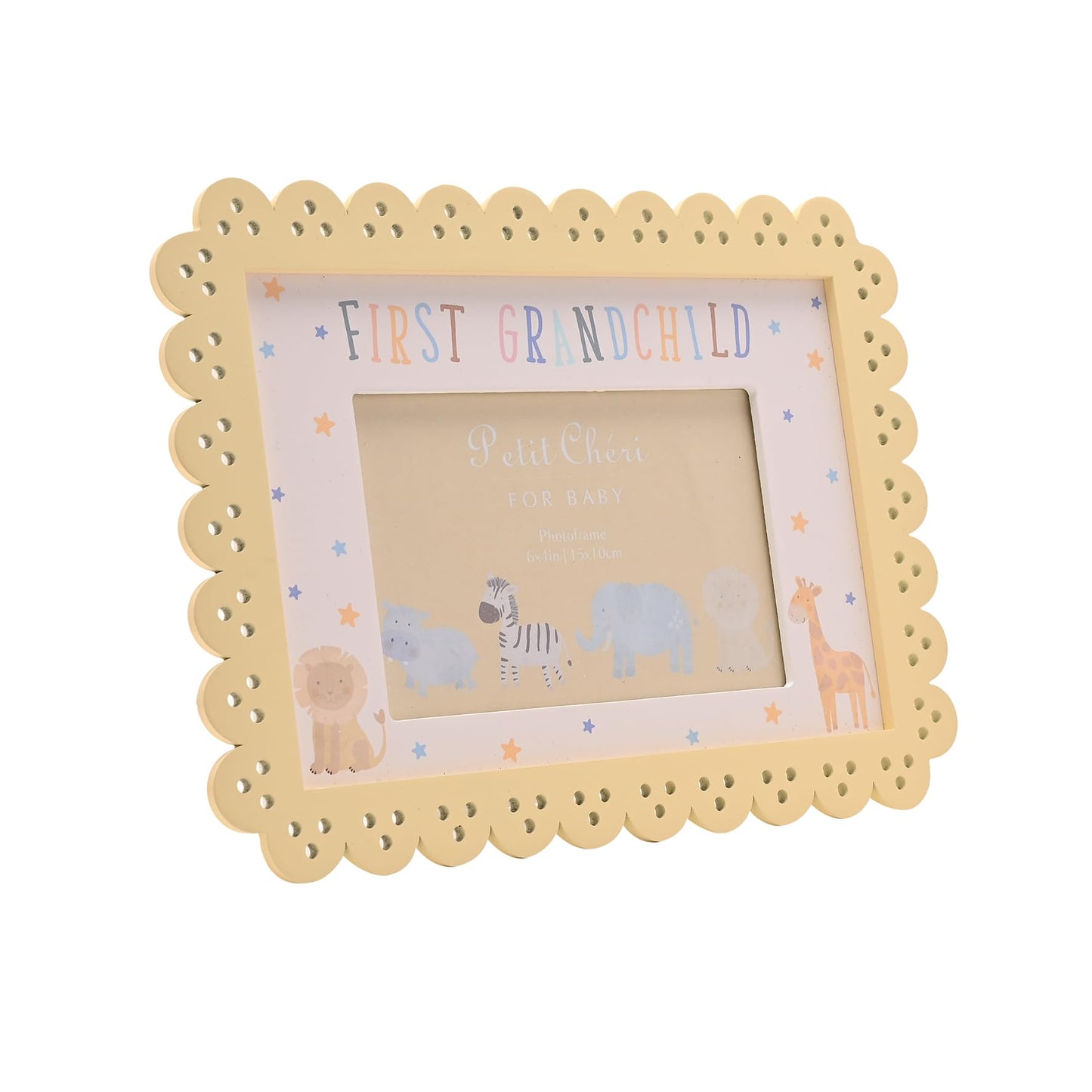 Petit Cheri - Scallop Frame 6" x 4" Yellow - First Granchild - Memories Photo Picture Frame For Boys & Girls, Kids & Children - New Baby, Baby Shower & Birth Gifting & Homeware - H: 26cm x W: 19cm.