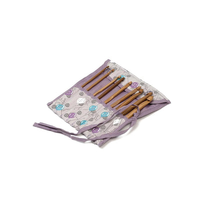 Hobby Gift Filled Crochet Hook Roll Tie Case in a Purple & Aqua Buttons Pattern on Grey (18 x 18.5 x 1cm)