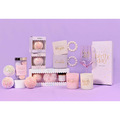 Celebration Bath Gift Set – Strawberry Bath Bomb, Bath Salts & Puff in Scalloped Gift Box – Relaxing Bath Gift Set for Women, Self Care Gift for Her, Pamper Present for Birthday or Celebration