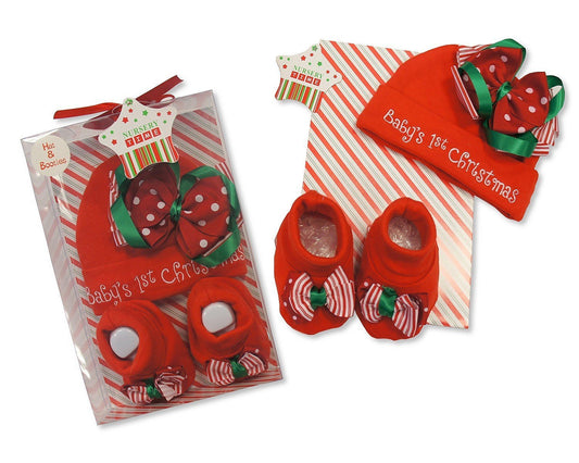 Baby's First Christmas 2 Piece Hat and Booties Set Gift Boxed