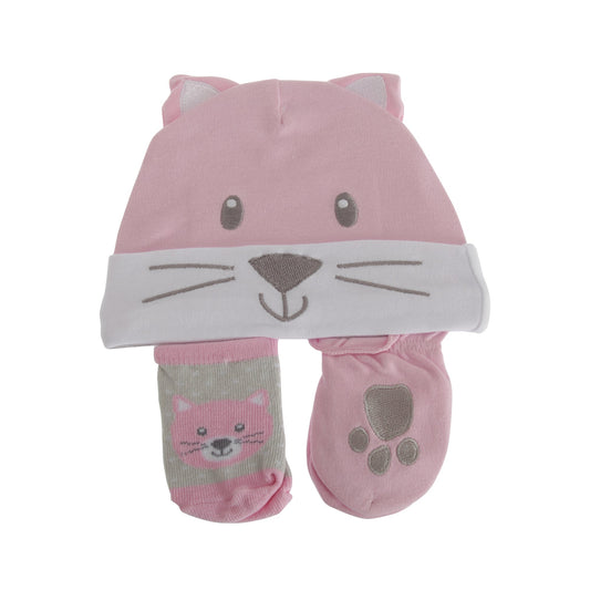 Nursery Time Baby Girls 3 Piece Cat Design Gift Set (0-6 Months) (Pink)