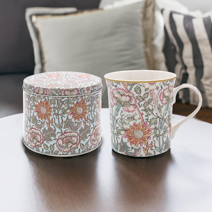 William Morris Pink & Rose Ceramic Mug in Round Tin