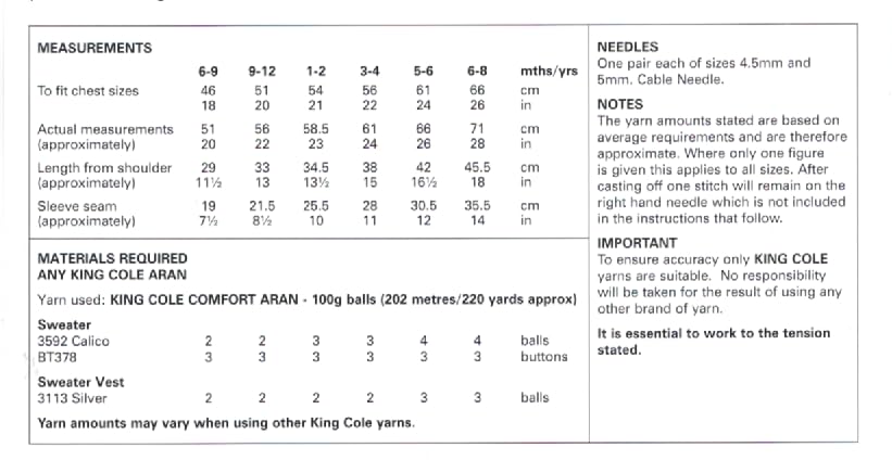 King Cole Aran Knitting Pattern - 6171 Boy's Sweater & Tank Top (2 Designs)