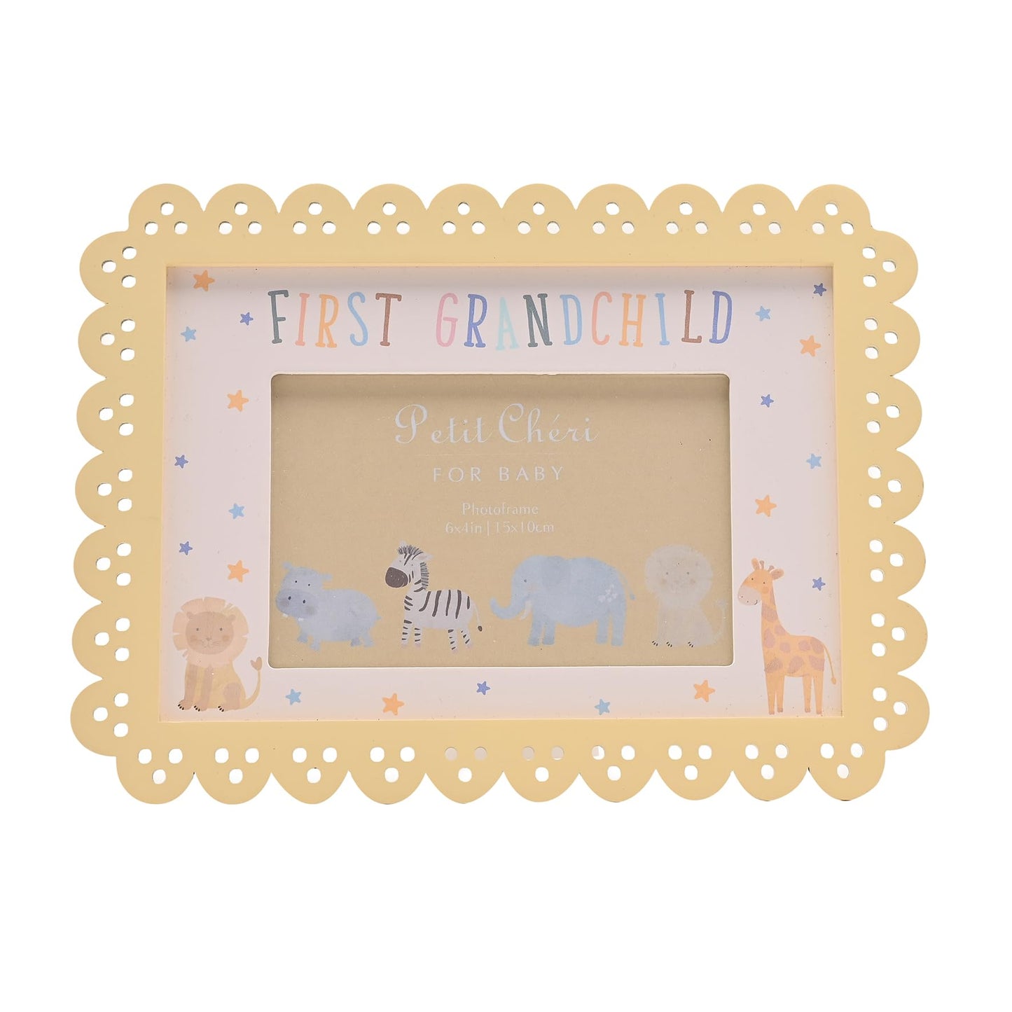 Petit Cheri - Scallop Frame 6" x 4" Yellow - First Granchild - Memories Photo Picture Frame For Boys & Girls, Kids & Children - New Baby, Baby Shower & Birth Gifting & Homeware - H: 26cm x W: 19cm.