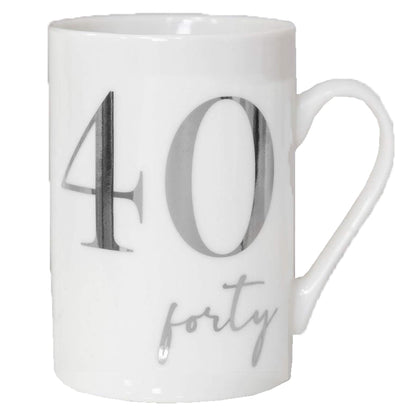 Widdle Gifts White Bone China Mug with Silver Foil Number - 40th Forty 40 Birthday