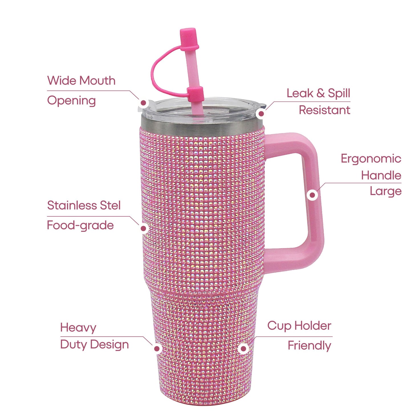 Lesser & Pavey Thirsteez Pink Diamante Drinks Cup for Hot Or Cold Drinks | Large Thermal Travel Mug with Lid & Straw for Office, Gym, Home Or Travel | Insulated Tumbler Coffee Cups for Daily Use