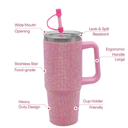Lesser & Pavey Thirsteez Pink Diamante Drinks Cup for Hot Or Cold Drinks | Large Thermal Travel Mug with Lid & Straw for Office, Gym, Home Or Travel | Insulated Tumbler Coffee Cups for Daily Use