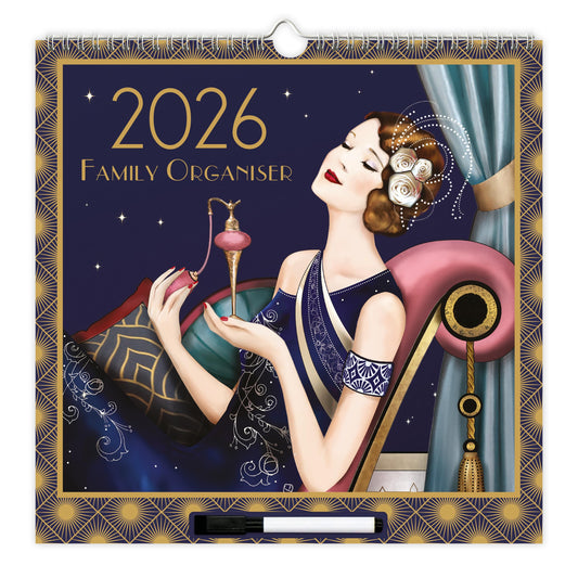 Claire Coxon 2026 Family Organiser Wall Calendar | Large Monthly Planner with 5 Columns, Pen, Wipe-Clean Overlay & Tear-Off Shopping & To-Do Lists |Art Deco Design