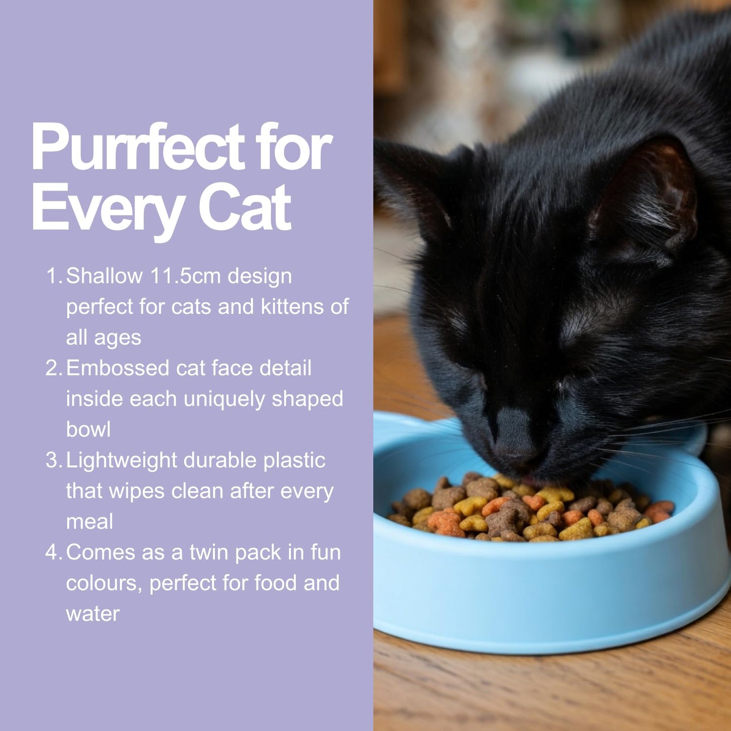 Cat Bowls 2 Pack, Shallow Feeding and Watering Bowl Set for Cats and Kittens, Embossed Face Pet Dishes, 11.5cm