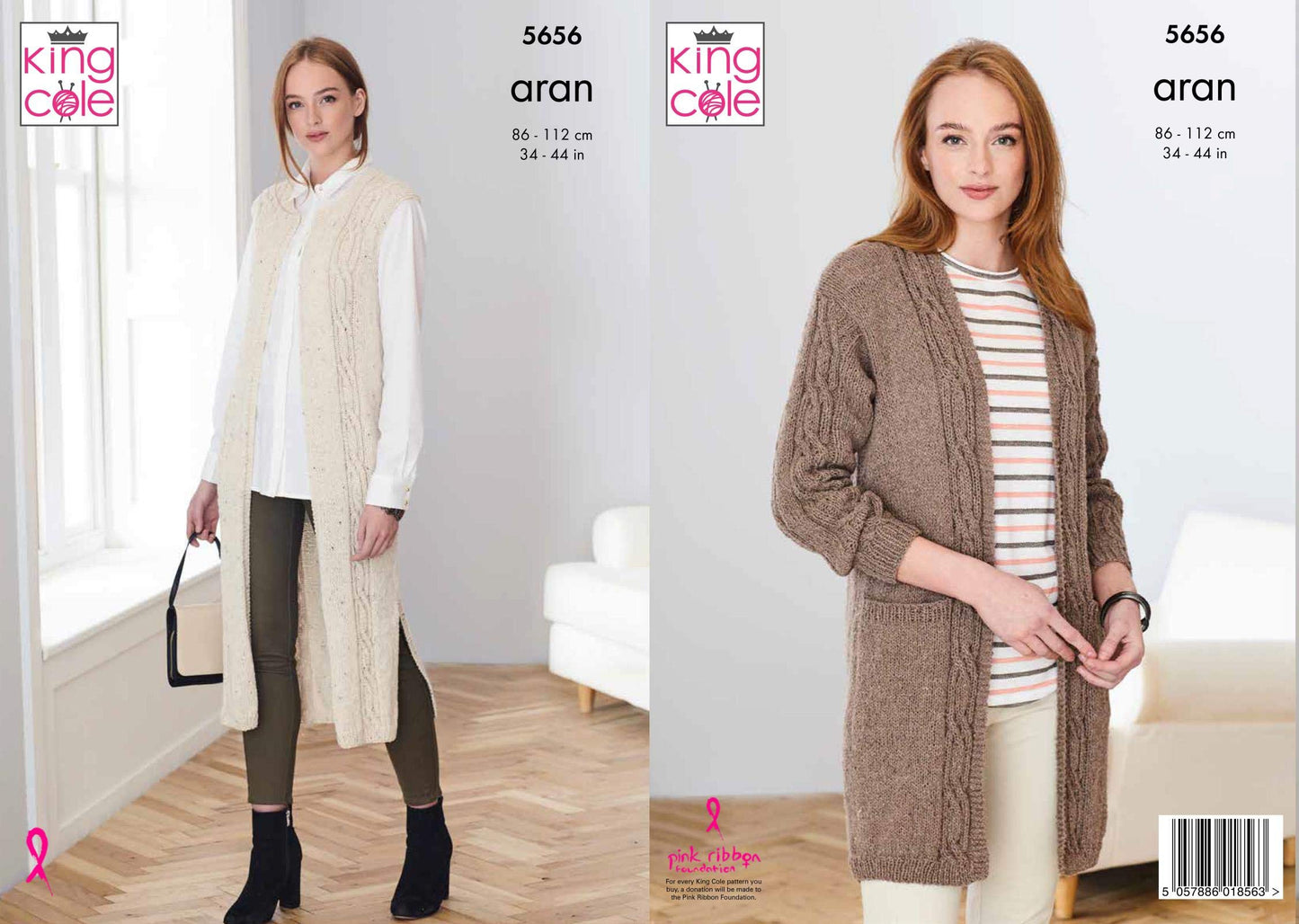 Knitting Pattern Ladies Long Cable Jacket and Long Cable Waistcoat in Forest Aran 5656 King Cole