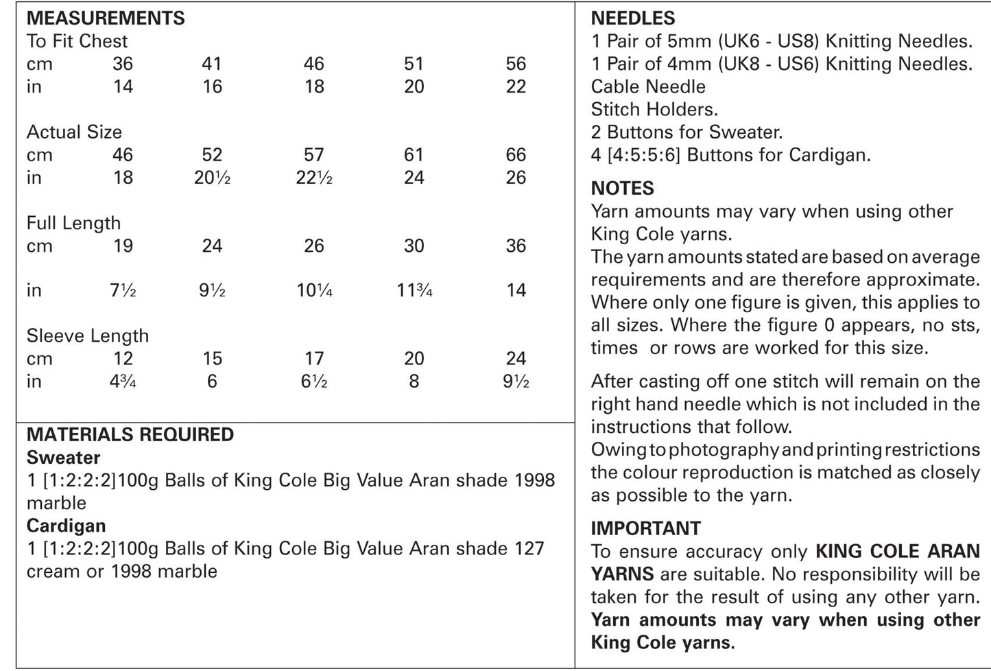 King Cole 4920 Knitting Pattern Baby Childrens Cardigan and Sweater in Big Value Aran,Multicolor,14" - 22" chest