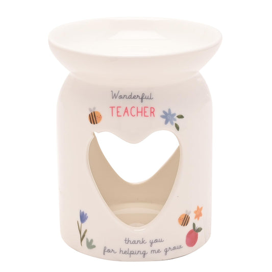 Love Life - Wax Melt Ceramic White Burner - Teacher - End of School, Holiday & Birthday Gifting & Homeware - Floral & Bee Detailing - H: 11cm x W: 8cm.