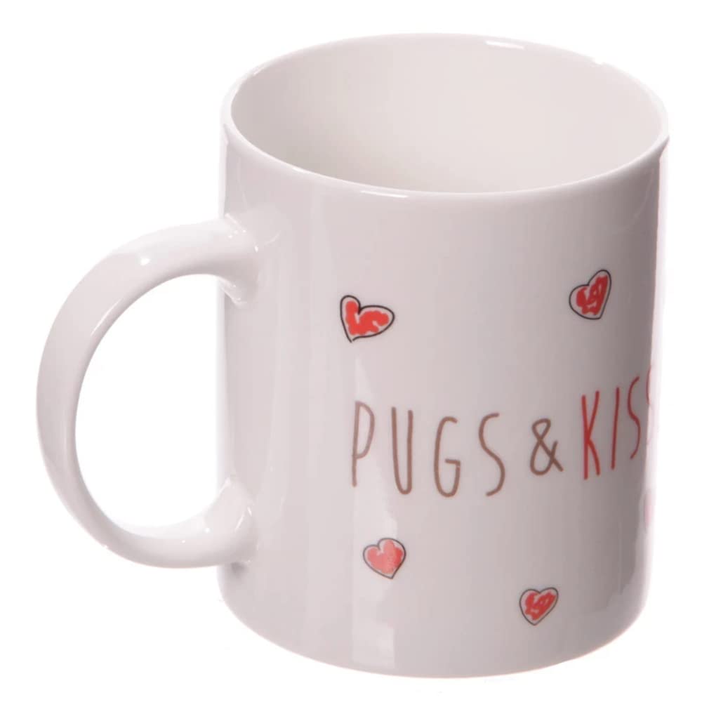 Puckator MUG184 Mug with Pug and Kisses Design - Fine Porcelain - White/Beige/Black