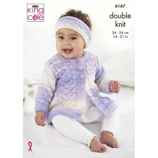 King Cole Baby DK Knitting Pattern - 6167 Cardigan, Coat, Headband, Gilet(4 Designs)
