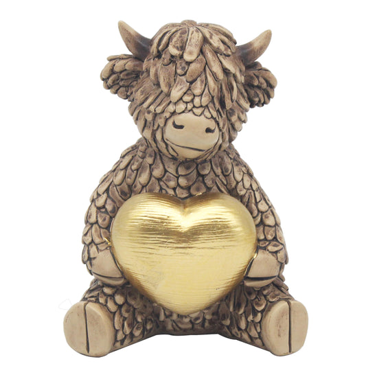 L & P Home & Gifts Highland Cows Hughie Polyresin Hughie Highland Cow Gold Heart Figurines & Ornaments For Home & Office | Home Decor Statues For Indoor & Outdoor | Lovely Gifts for Women & Men