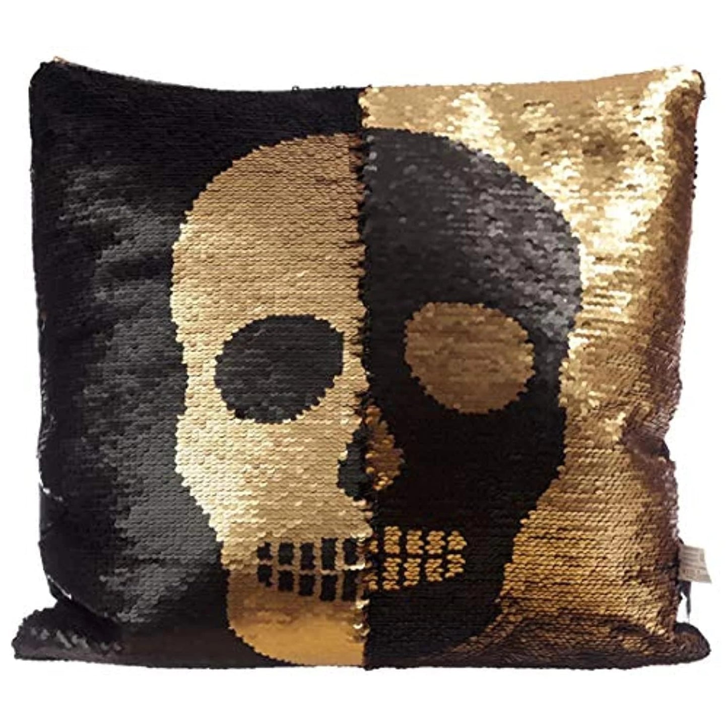 Puckator Skull Two Tone Reversable Sequin Cushion, Black And Gold Fun Design For Bedroom, Living Room, Sofa, Home Décor 39x38x13cm Polyester And Sequin