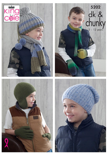 King Cole 5202 Knitting Pattern Boys Hats Scarves Gloves and Mittens in Riot DK & New Magnum Chunky