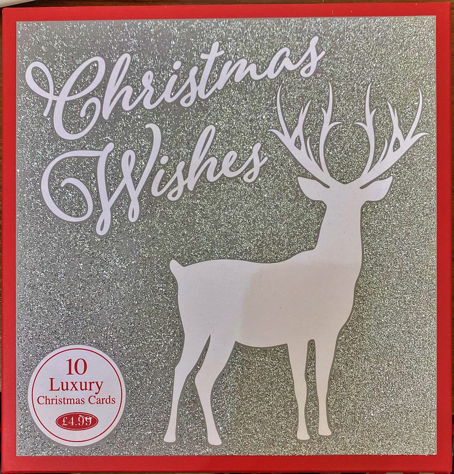 BOX OF 10 LUXURY CHRISTMAS CARDS 'CHRISTMAS WISHES' SILVER GLITTER RAINDEER STAG