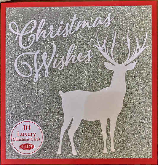 BOX OF 10 LUXURY CHRISTMAS CARDS 'CHRISTMAS WISHES' SILVER GLITTER RAINDEER STAG