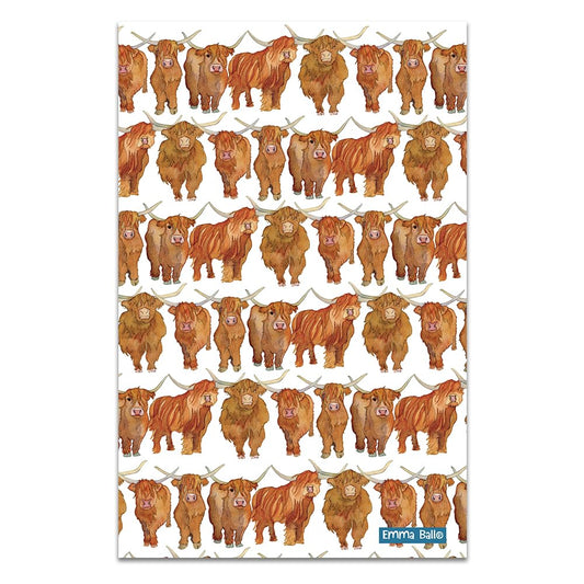 Emma Ball "Highland Coos Pure Cotton Tea Towel. Printed in The UK.