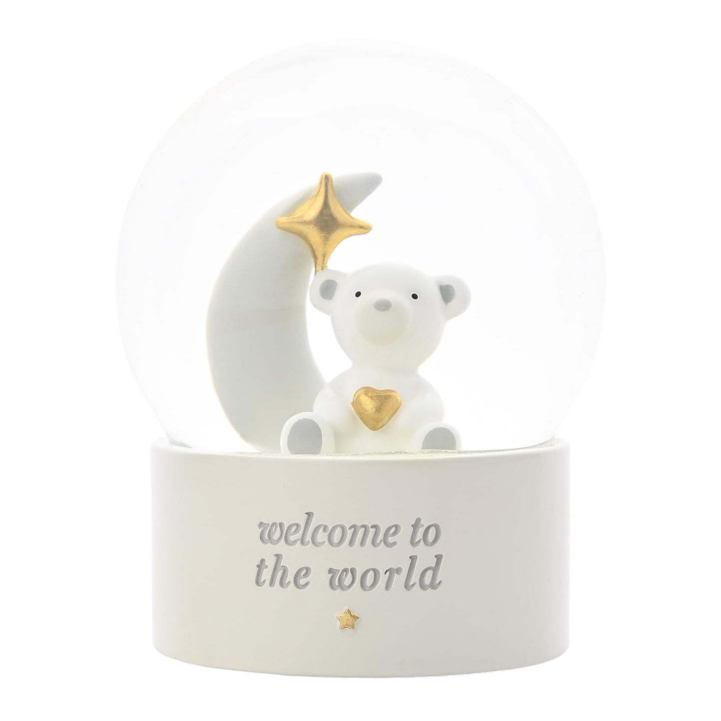 Bambino By Juliana 'Welcome To The World' Teddy & Moon Water Globe - White. Gifting to Celebrate Newborn Children, Family & Love - Present for New Born, Baby Shower & Christening.