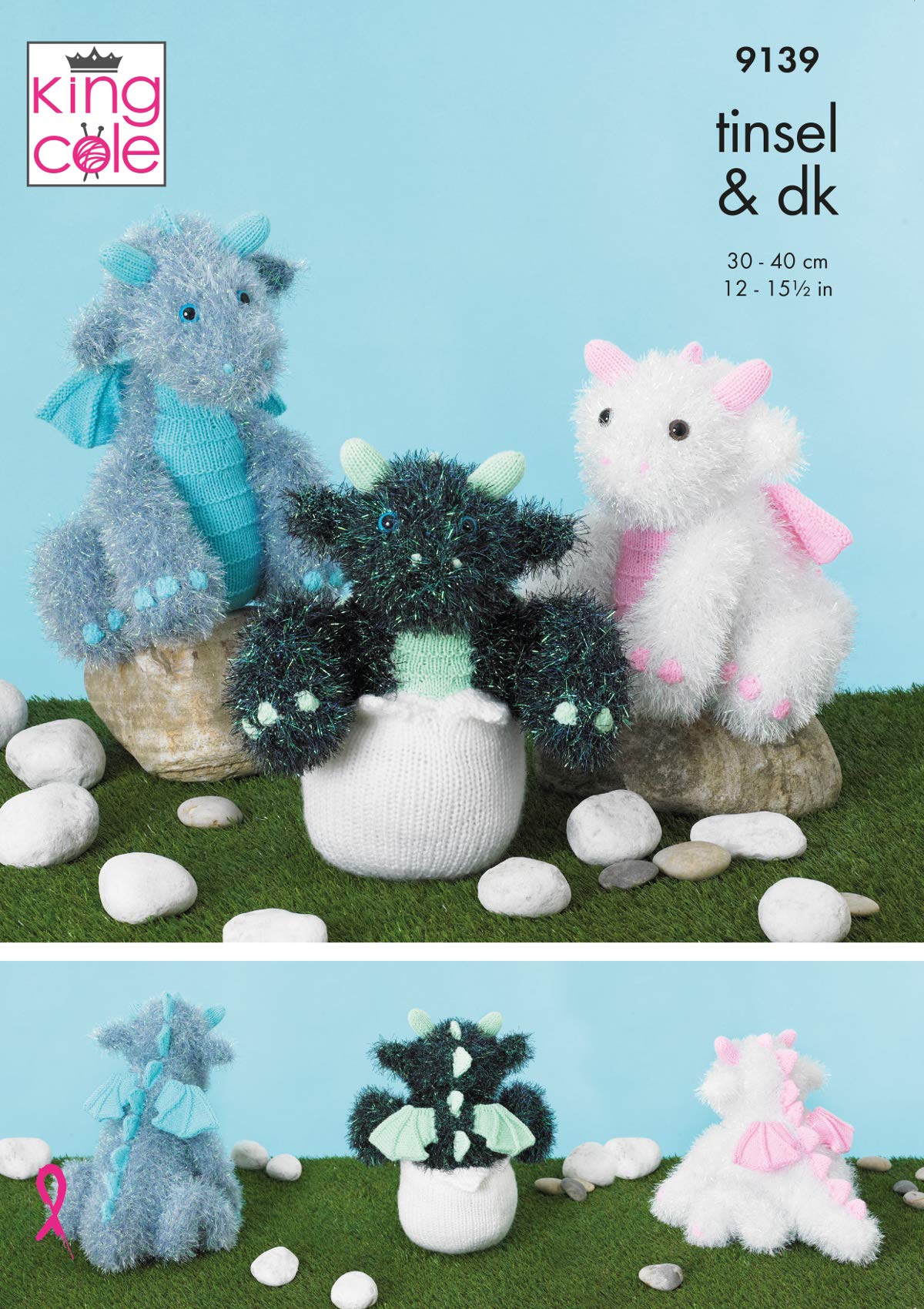 King Cole 9139 Knitting Pattern Toy Baby Dragons in Tinsel Chunky and Big Value Baby DK