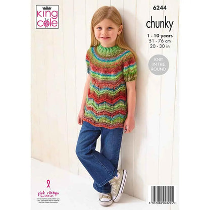 King Cole Chunky Knitting Pattern Girls Knit in The Round Sweaters (6244), 20” – 30” (51cm – 76cm)