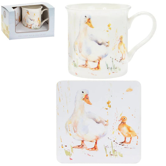 White Duck & Yellow Duckling Fine China Mug & Coaster Boxed Set