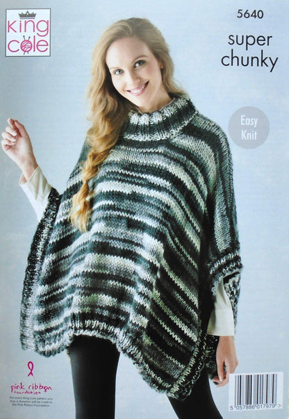 Knitting Pattern Womens Easy Knit Hat Cowl Wristwarmers Scarves Lace Wrap and Poncho in Quartz Super Chunky King Cole 5640