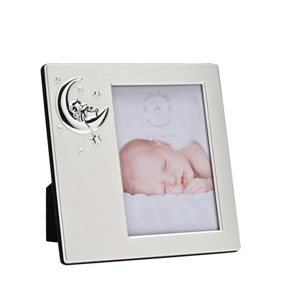 Celebrations - Hello Baby 3.5" x 5" - Newborn Baby Silver Plated Square Self-Standing Picture Photo Frame with Moon Icon. Gift and Display Frame Celebrating Babies, Life, Mothers