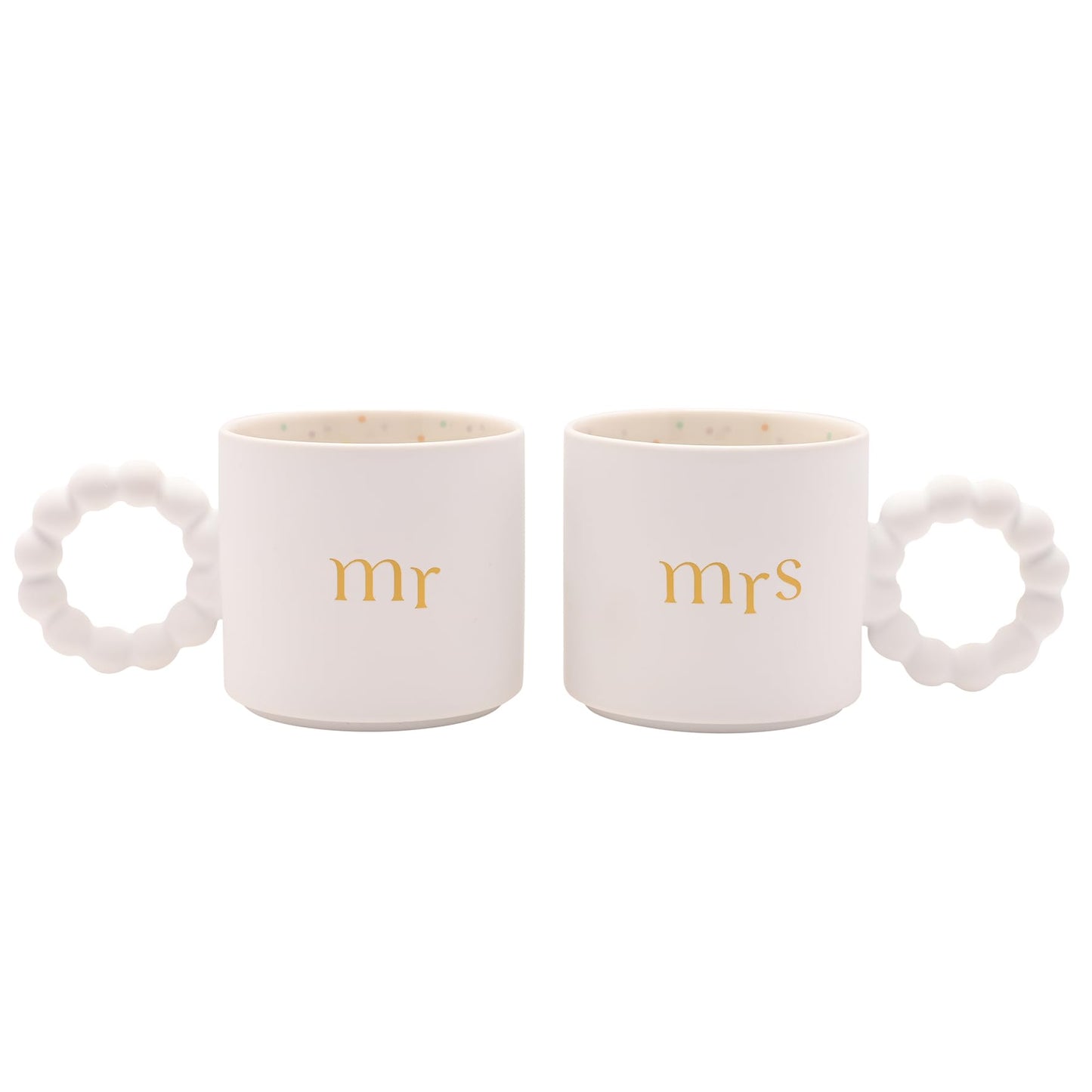 Widdop and Co Celebrations Confetti Mr & Mrs Birthday/Milestone/Wedding/Anniversary Set of 2 Mugs - White Ceramic Cups Gold Design & Unique Handle - Gift for Him or Her - 330ml / 11.15oz.