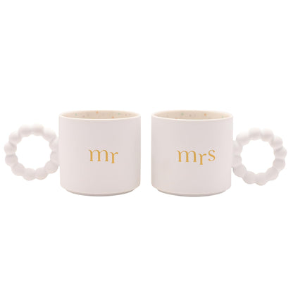 Widdop and Co Celebrations Confetti Mr & Mrs Birthday/Milestone/Wedding/Anniversary Set of 2 Mugs - White Ceramic Cups Gold Design & Unique Handle - Gift for Him or Her - 330ml / 11.15oz.