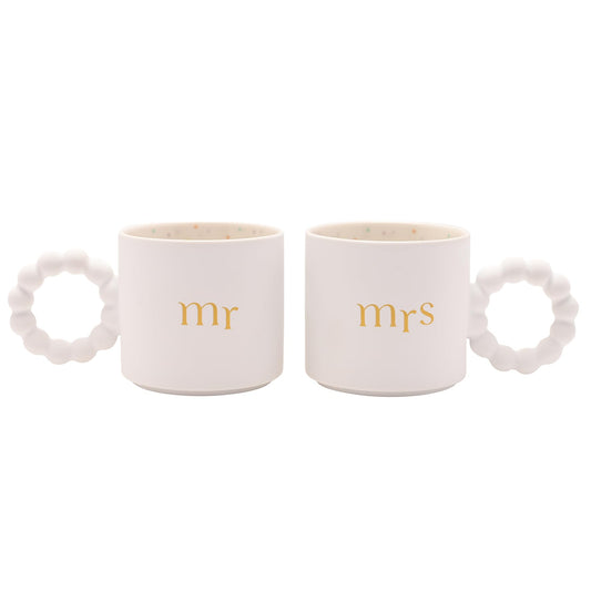 Widdop and Co Celebrations Confetti Mr & Mrs Birthday/Milestone/Wedding/Anniversary Set of 2 Mugs - White Ceramic Cups Gold Design & Unique Handle - Gift for Him or Her - 330ml / 11.15oz.