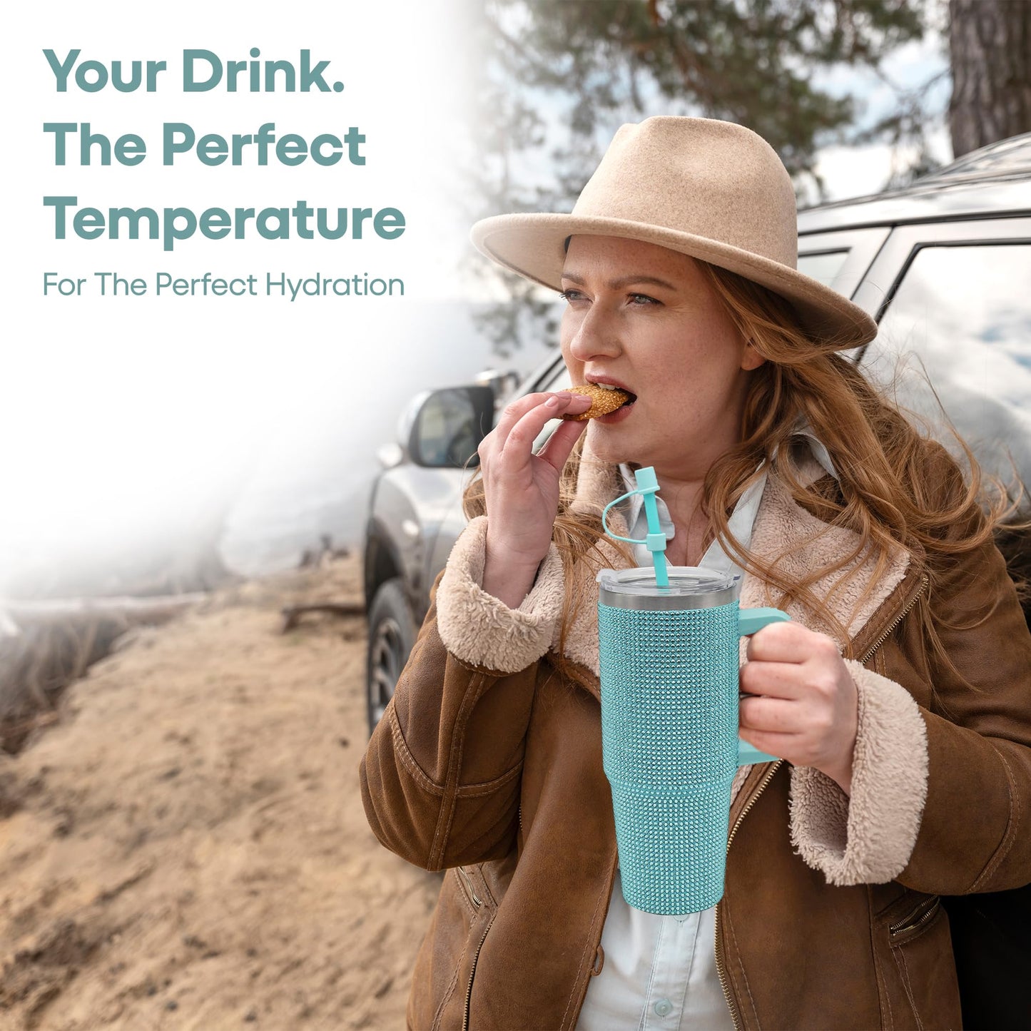 Lesser & Pavey Thirsteez Teal Diamante Drinks Cup for Hot Or Cold Drinks | Large Thermal Travel Mug with Lid & Straw for Office, Gym, Home Or Travel | Insulated Tumbler Coffee Cups for Daily Use