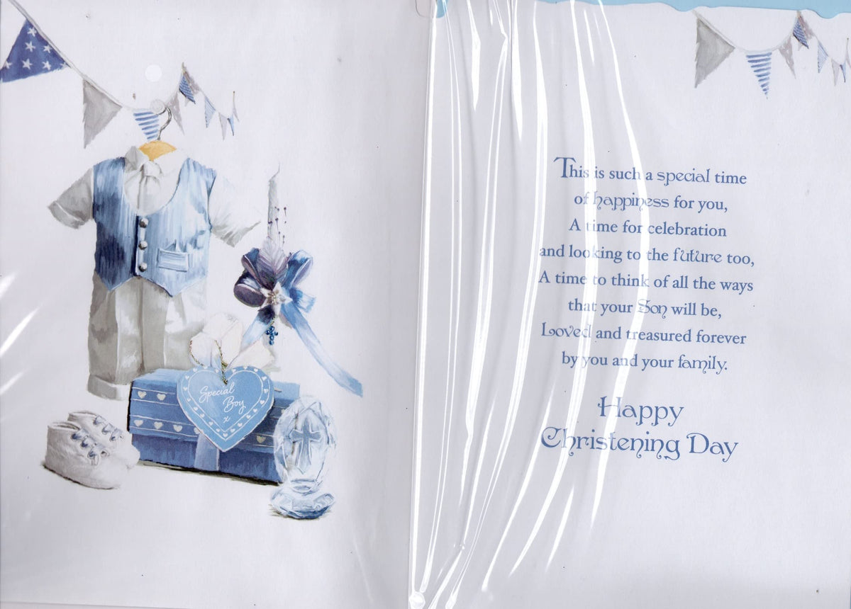 prelude Boys Christening Card ~ On The Christening Of Your Gorgeous Son ~ Babies Nursery Toys Scene