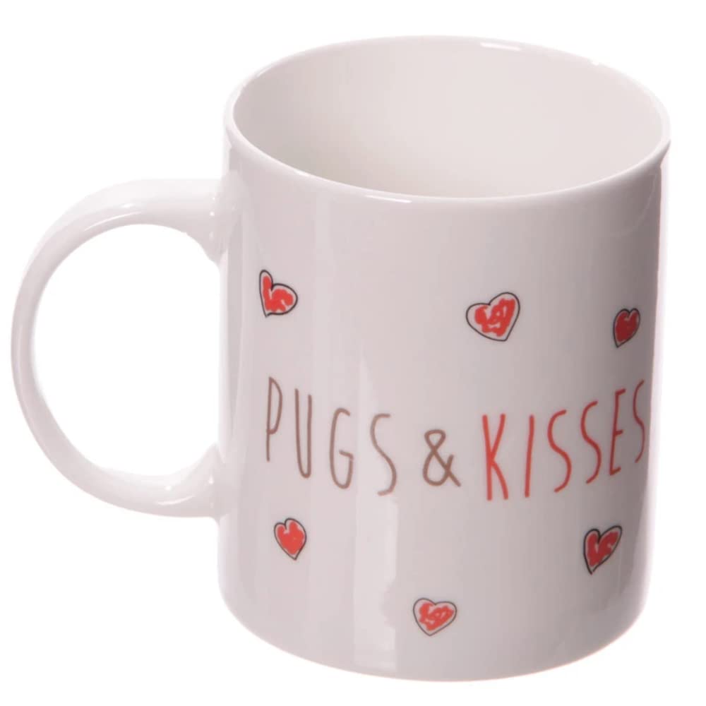 Puckator MUG184 Mug with Pug and Kisses Design - Fine Porcelain - White/Beige/Black