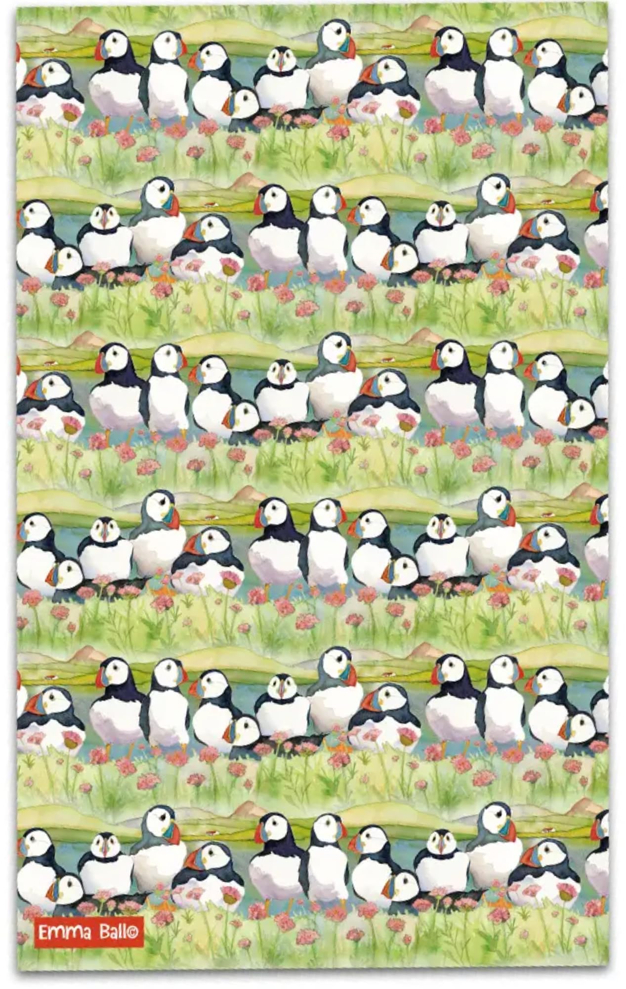 Cotton Tea Towel Printed in The UK Puffins and Sea Thrift by Emma Ball