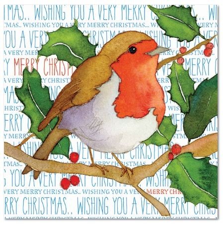 Wishing You A Very Merry Christmas - LITTLE CHRISTMAS ROBIN on HOLLY BRANCH - Emma Ball Design - Set of 6 Christmas Greetings Cards & Envelopes - 12.5cm