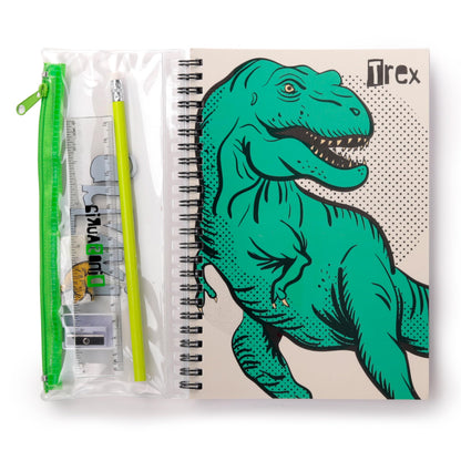 Puckator Dinosauria Ring Bound Notepad & Pencil Case 6 Piece Stationery Set - School Teacher Student Homework Study Planner Notepad - Collage University Essentials Journals Planners - Jotter Uni