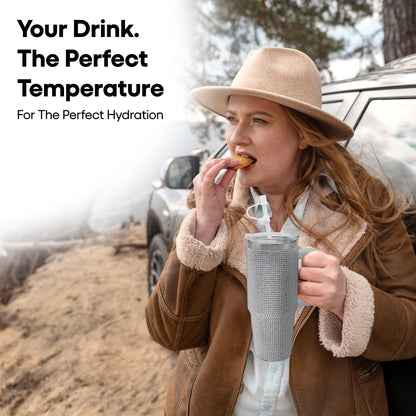 Lesser & Pavey Thirsteez Silver Diamante Drinks Cup for Hot Or Cold Drinks | Large Thermal Travel Mug with Lid & Straw for Office, Gym, Home Or Travel | Insulated Tumbler Coffee Cups for Daily Use