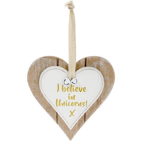 "I Believe In Unicorns" Double Wooden Heart Hanging Wall Plaque Door Sign Beautiful Gift