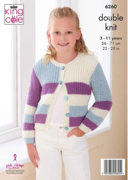 King Cole Kids Double Knit Knitting Pattern Girls Sweater & Button Cardigan (6260), 22” – 28” (56cm – 71cm)